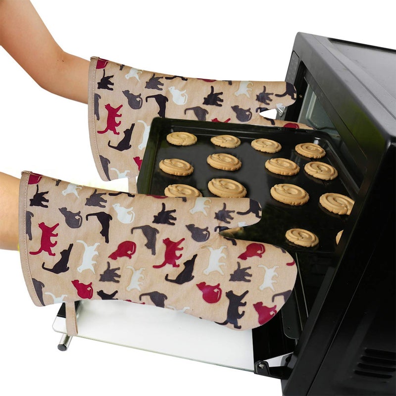 RED LMLDETA Oven Mitts Gloves 1 Pair Heat Resistant 480 â„‰ Non Slip Clear Silicone Printed Comfortable Cotton Lining Kitchen Women Men Cooking Barbecue Microwave Machine Washable (Cat, Khaki Mittens) - Image 5